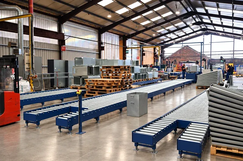 Installation von industriellen Rollenförderern für die Stadtmöbelherstellung Amber Industries roller conveyor installation for handling manufactured street furniture and pallets