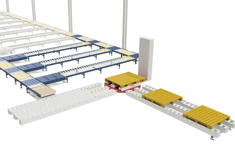 Fördersystemdesign und -layout für die Fertigung 3D conveyor system layout showing automated roller conveyors and product transfer arrangements